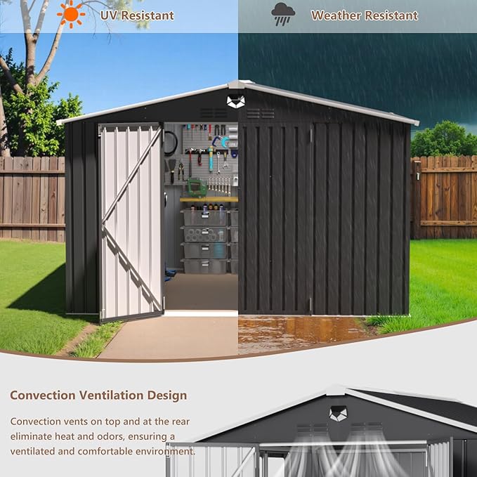 10x8 FT Outdoor Storage Shed, Metal Sheds & Outdoor Storage, Waterproof Sheds with Lockable Doors for Backyard