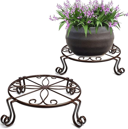 2 Pack 12" Plant Stands, Heavy Duty Rustproof Metal Plant Holders for Indoor and Outdoor Use, Wrought Iron Round Flower Stands for Patio, Balcony, and Garden (Bronze)