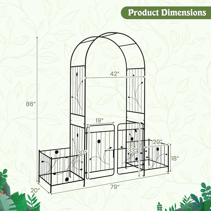 Moccha Garden Arch with Gate and Planter Boxes - 87" Metal Arbor Trellis for Climbing Plants Rose Vine, Heavy-Duty Archway Pergola, Garden Arbor for Wedding Ceremony Decoration Lawn Patio Bridal Party
