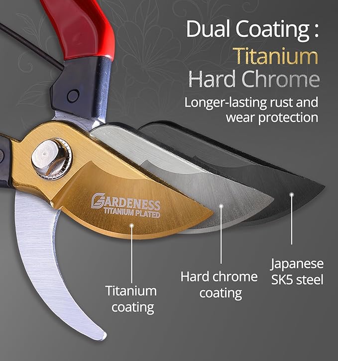 Gardeness Japanese Titanium Pruning Shears, Lightweight SK5 Bypass Garden Secateurs – Easy-Grip Hand Pruners for Women, Roses, Bonsai, Trimming & Everyday Gardening