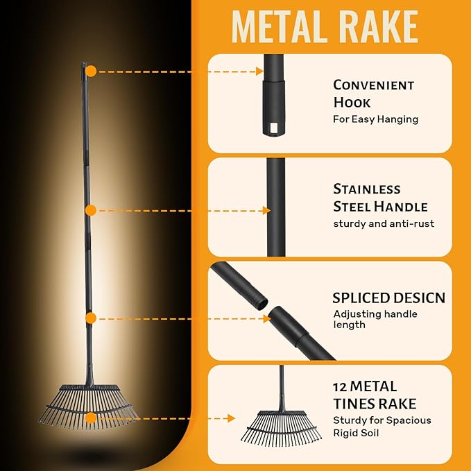 Garden Rake for Leaves, 25 Tines Heavy Duty Metal Yard Rake with 64 inch Adjustable Handle, Ideal Leaf Rakes for Gardening, Dethatching, Thatching, Gathering Shrub, Grass, Debris, Rocks