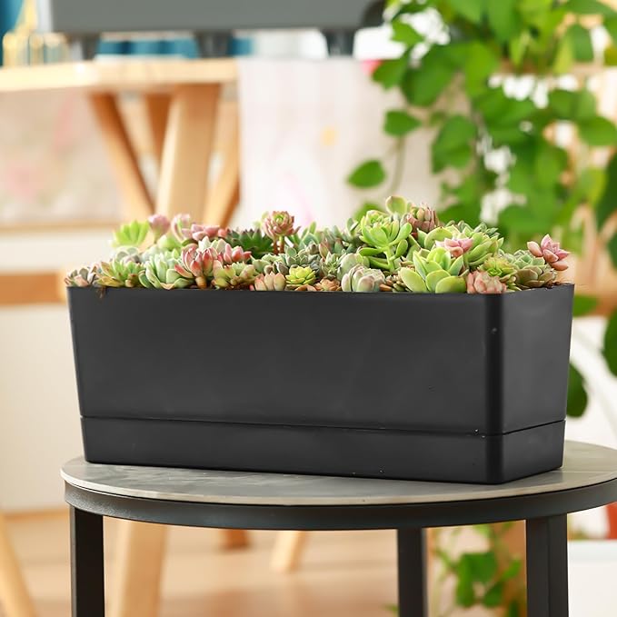 Self Watering Pots for Indoor Plants 17 Inches Window Boxes Planters Rectangular Flower Pots Rectangle Herb Pots Large Plant Pots with Drainage Holes and Saucers Windowsill Planter (4, Black)