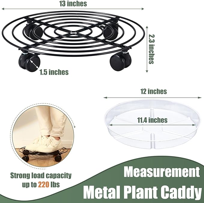 6 Packs 13 Inches Large Metal Plant Caddy with Wheels Rolling Plant Stands Heavy-duty Wrought Iron Plant Roller Base Pot Movers Plant Saucer on Wheels Indoor Outdoor Plant Dolly with Casters Planter Tray