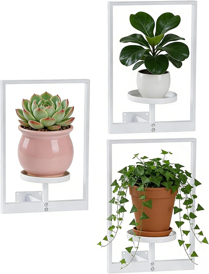 3-piece set of metal plant potted flower racks, heavy-duty flower pot plant racks of different sizes, iron flower racks, suitable for indoor and outdoor home decoration (Wall Planters - White - 3pcs)