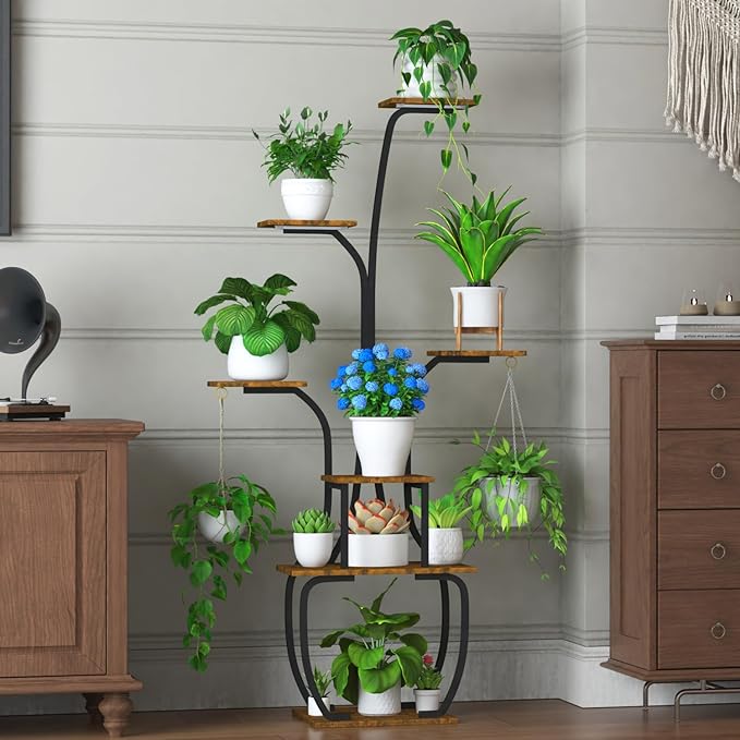 Plant Stand Indoor with Grow lights, 55" Tall 7 Tiered Large Plant Shelf for Indoor Plant Vase-Shape Rack Plant Pot Holder Gardening for Living Room Corner Black