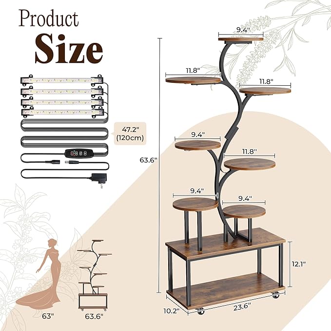 PRAISUN 63.6 Inch Plant Stand with Grow Lights, 9 Tiered Indoor Plant Shelf with Larger Flower Holder, Curved-tubed Design, 3 Light Modes, Movable Wheels, Corner Plant Rack,Living Room, Rustic Brown
