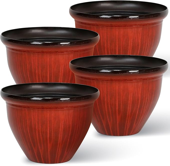 Worth Garden 12-Inch Dia. Round Red Plastic Planters with Drain Holes, 9.5-Inch Height - 4-Pack Glossy Finish Bell-Shaped Plant Pot – Lightweight Indoor/Outdoor Flower Pots