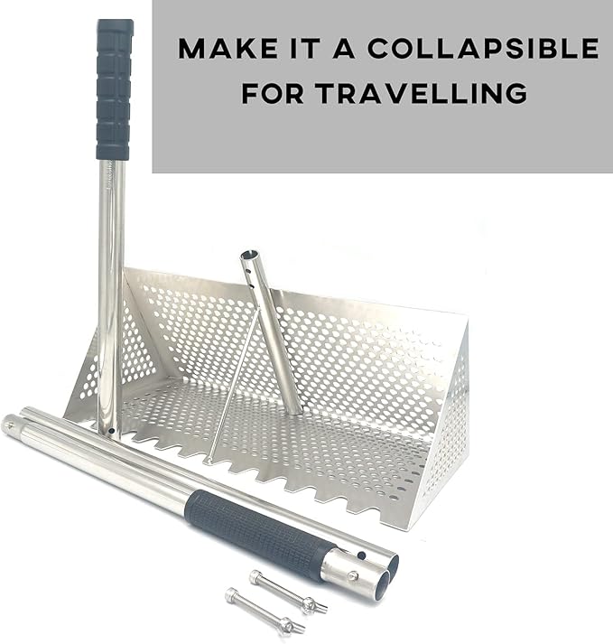 Sand Fleas Rake, Stainless Steel Sand Sifter, Detachable 47 Inches Long Handle, 15.7 Inches Width Basket, Sand Crab Catcher with Sharp Teeth,Collapsible Sand Fleas Catcher for Travelling.