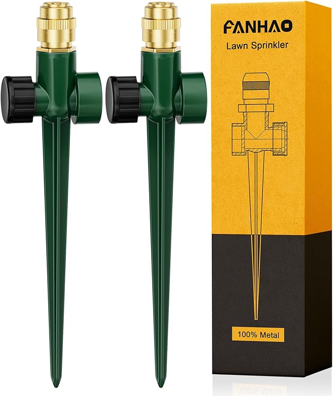FANHAO 2 Pack Metal Lawn Sprinkler for Yard, Automatic Garden Water Sprinkler on Spike Base, Adjustable Brass Sprinkler Nozzle 360 Degree Large Area Coverage for Lawn Grass Patio Garden Irrigation