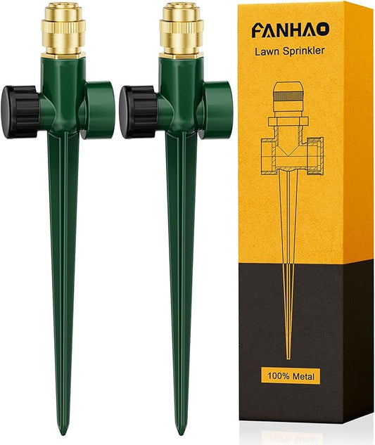FANHAO 2 Pack Metal Lawn Sprinkler for Yard, Automatic Garden Water Sprinkler on Spike Base, Adjustable Brass Sprinkler Nozzle 360 Degree Large Area Coverage for Lawn Grass Patio Garden Irrigation