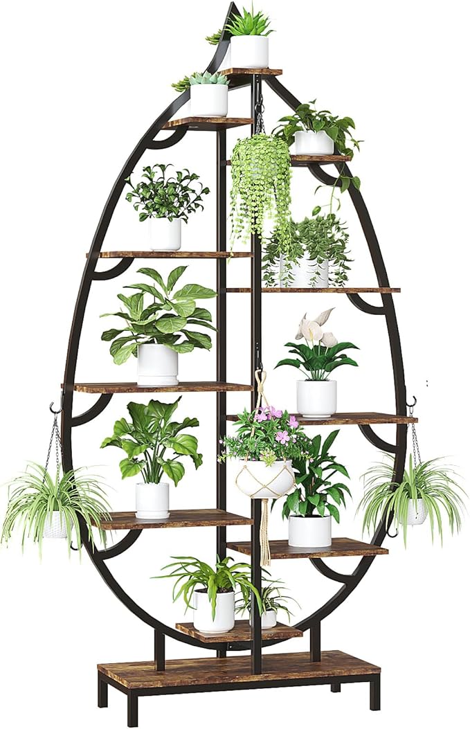 VINGLI 63″ Leaf-Shaped 10-Tier Metal Plant Stand with 5 Full-Spectrum LED Grow Lights, Tall Indoor Tiered Plant Shelf for Multiple Plants, Decorative & Functional Rack, Black