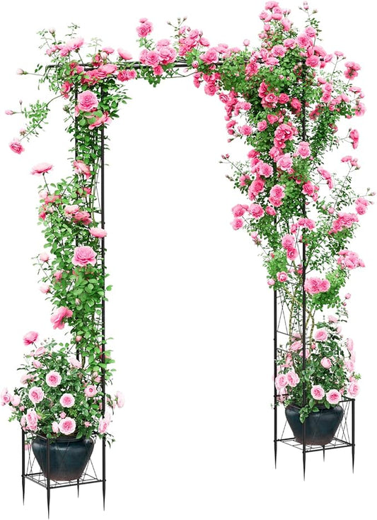 Garden Arch Thickened Garden Arbor Trellis for Climbing Plants with Planter 7.6Ft Outdoor Metal Arch Archway Wedding Backdrop Stand for Ceremony Party Christmas Decorations Pergola Black