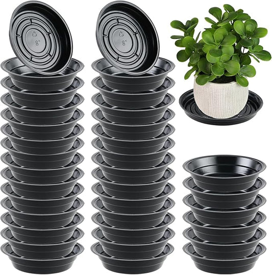 30 Packs 8 Inches Small Plant Saucers for Indoor Outdoor Use Heavy Duty Plastic Plant Plate Dish for Planter Bulk Round Flower Pot Drip Trays to Catch Water 4 to 20 Inch, Black