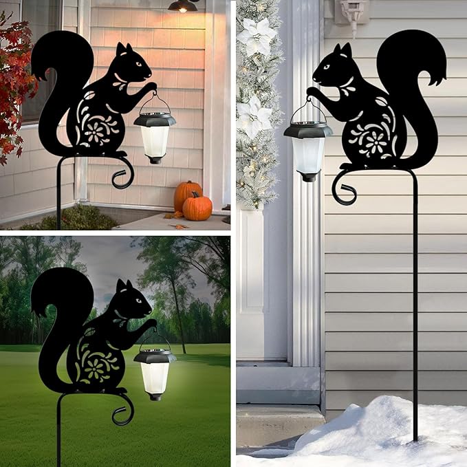 Metal Squirrel Garden Stake, Solar Lights Outdoor Solar-Powered with Lantern-Outdoor Waterproof Pathway and Garden Decorations (Black Squirrel)