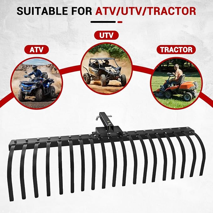 55" Durable Tow Behind Landscape Rake Tractors Rake Fits 2" Receiver for Lawn Tractors or ATV/UTV，Black