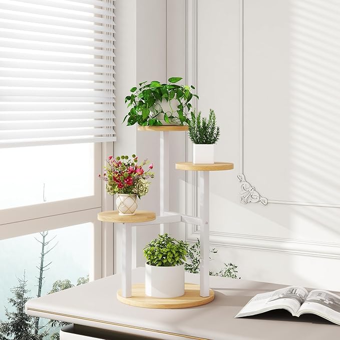 IBUYKE 4 Tier Plant Stand Indoor, Metal Wood Plant Shelf for Multiple Plants, Small Tiered Corner Flower Pot Stand for Living Room Patio Balcony Garden, White TMJ073R