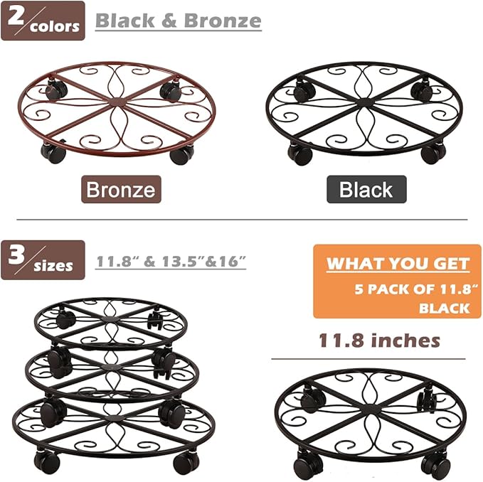 5 Pack Plant Caddy with Wheels Heavy Duty 12 Inches Metal Plant Stand on Wheels Plant dolly Rolling Plant Stand Plant Roller with Casters for Indoor and Outdoor with 5 Pack Plant Saucers, Black