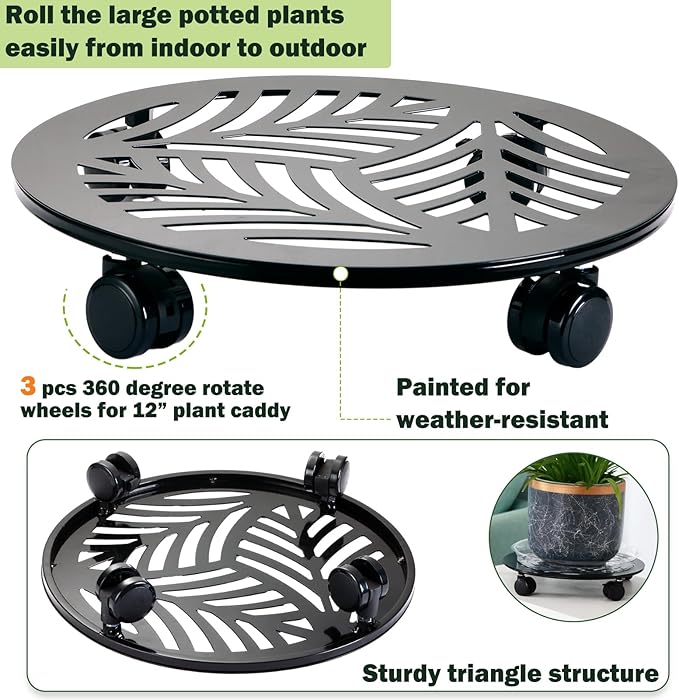 1 Packs Large Metal Plant Caddy with PU Wheels 13.6" Heavy-Duty Wrought Iron Rolling Plant Stands Indoor Outdoor Wheeled Plant Dolly Planter Mover Rollers Plant, Leaf Style