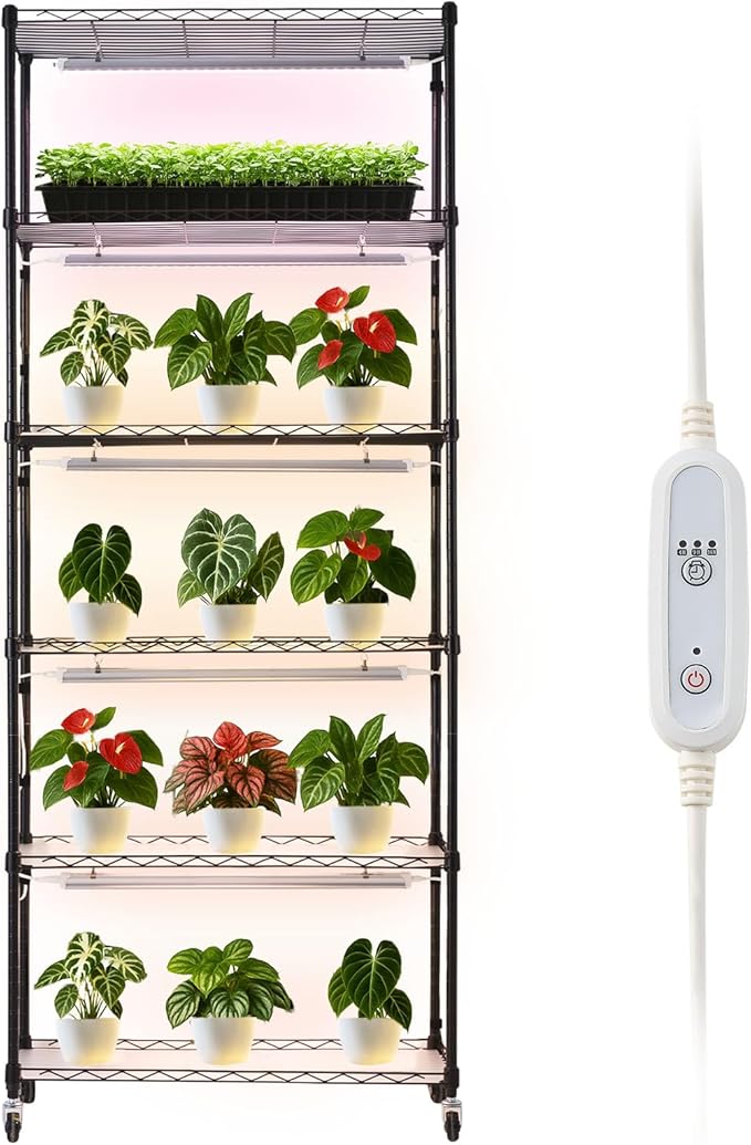 VEVOR Plant Shelf with Grow Light, 6-Tier Indoor Plant Stand, 71in Tall Plants Display Rack with Wheels & 4/9/14H Timer, 150W 3-Color Full Spectrum Grow Lights, Flower Pot Holder for Seed Starting