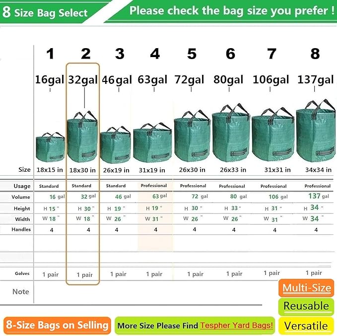Standard 3-Pack 32 Gallon Lawn Garden Bags (D18,H30 inch) Yard Waste Bags with Gardening Gloves - Reusable Leaf Bags,Yard Debris,Trash Container,Plant Trimmings Bag,Grass Clippings,Weeds Bag 4 Handles