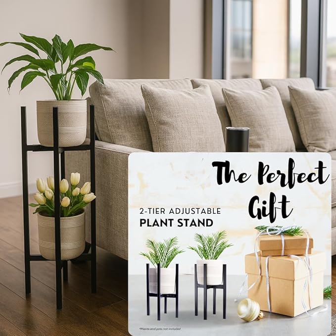 2 Tier indoor outdoor Plant Stand - Set of 2 Heavy Duty Rustproof Metal Plant stands, Modern Reversible Flower holder for Large Pots. Adjustable plant stand for pots 8–12 Inch), 32" Tall, Stackable Rack for Patio or Home Decor by iSpaces