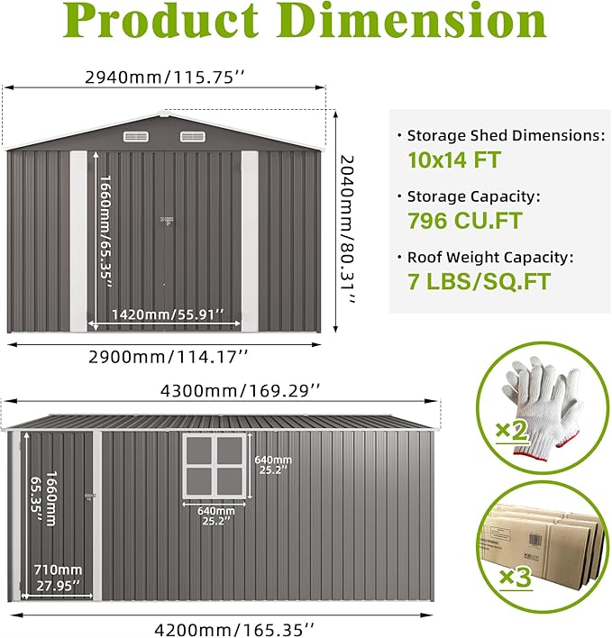10x14 FT Outdoor Storage Shed,Metal Shed W/ 3 Lockable Doors & Window,Garden Tool House W/ 4 Air Vents & Sloped Roof,All Weather Waterproof for Backyard,Patio,Lawn,Grey