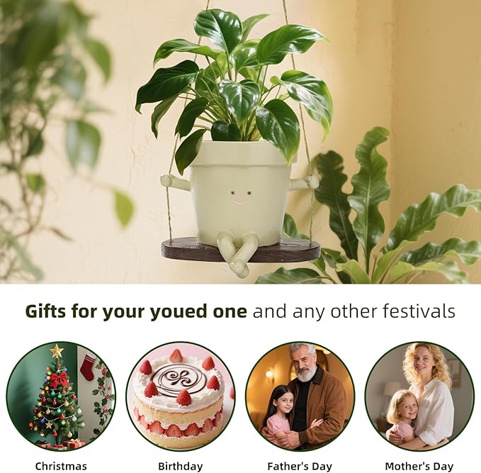 Hanging Planters for Indoor Plants Swing Face Plant Pot Cute Resin Head Planters Without Hole Indoor Plant Holder for Succulents, Unique Sitting Sway Pots Gift Ideas for Mother (Style-B)