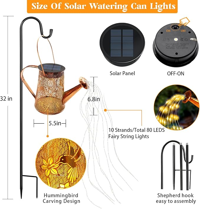 2 Pack Solar Watering Can Lights, Hummingbird Gifts for Christmas Women Mom Grandma Birthday, Waterproof Outdoor Garden Decor Large Hanging Solar Lanterns Garden Lights for Patio Yard Flowerbed