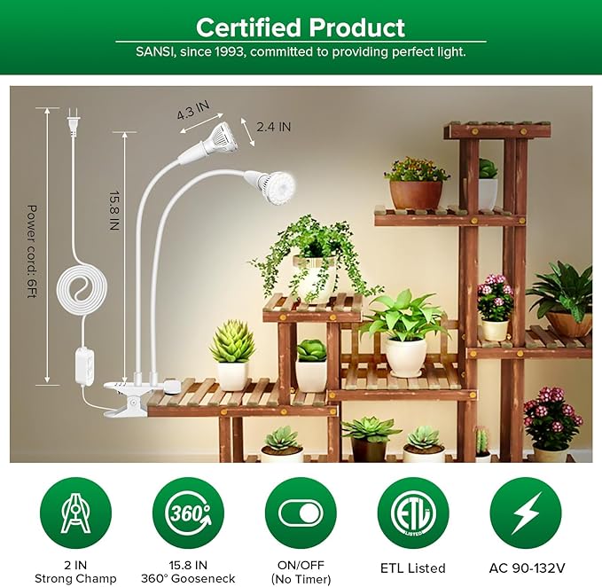 SANSI LED Grow Lights for Indoor Plants, 300W Full Spectrum Clip-on Gooseneck Grow Light with Ceramic Tech.,20W Plant Light for Indoor Growing High PPFD, Lifetime Free Bulb Replacement White, No Timer