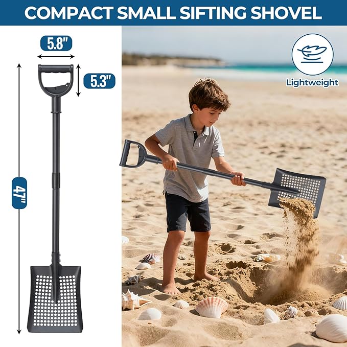 Beach Sifter Sand Scoop for Treasure Hunting, 47" Adjustable Metal Sand Sifter Shovel with Comfort Grip, High Sides for Shells & Relics