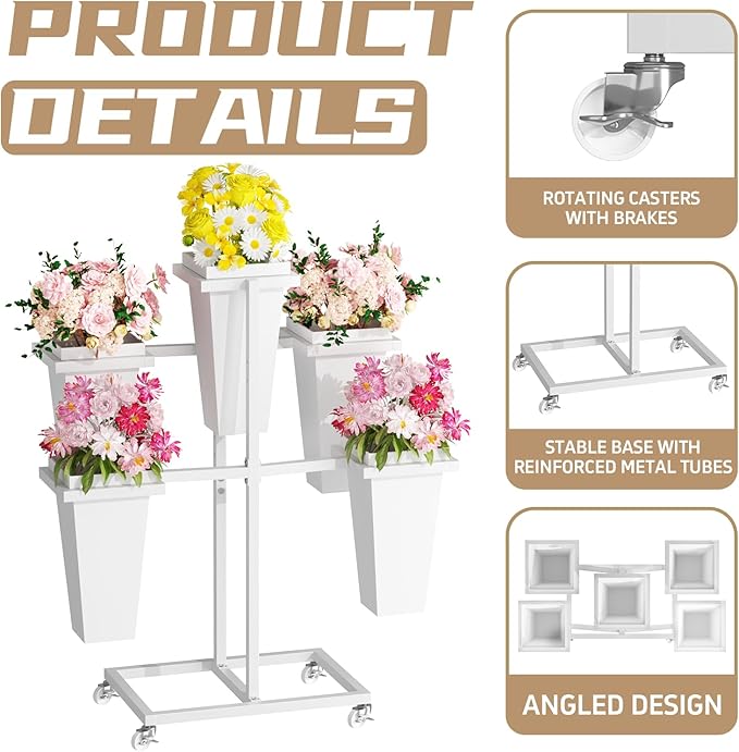 Flower Display Stand with Buckets, Sturdy Flower Cart with Wheels, Metal Bouquet Bar for Wedding, Party, Patio, Bridal Shower, White