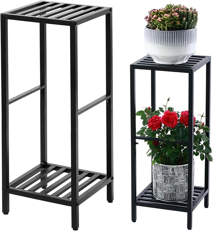 Party Zealot 2 Packs of 2-Tier Tall Metal Square Plant Stand 31” Heavy-Duty Modern Flower Pot Rack for Indoor Living Room, Corner Side Table for Outdoor Patio, Garden Planter Holder, Black