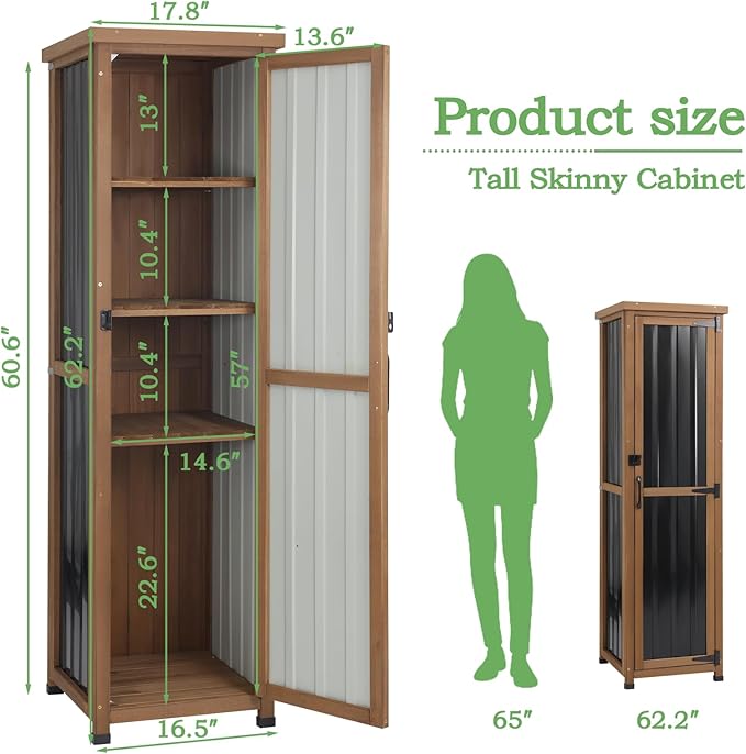 62" H Narrow Outdoor Storage Cabinet with Metal Top, Outdoor Indoor Storage Cabinet Waterproof with Adjustable Shelves for Corner, Patio, Garden, Porch, Laundry Room or Entryway Storage