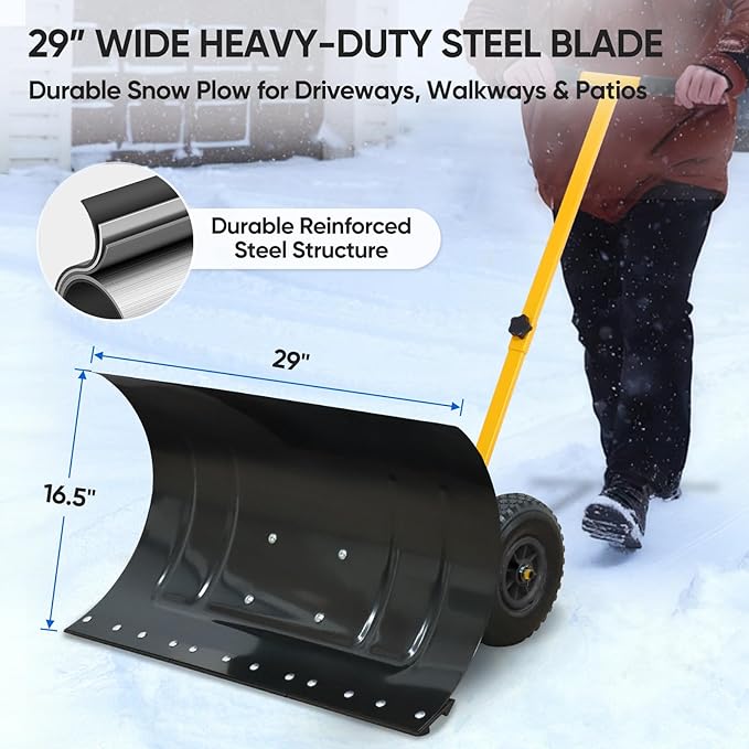 EAGLE PEAK Wheeled Snow Shovel for Driveway, Personal Snow Pusher with Wheels, Adjustable Plow Angle, Ergonomic Handle, Heavy Duty 29”x16.5” Blade, Single Rod Plow Shovel, Yellow