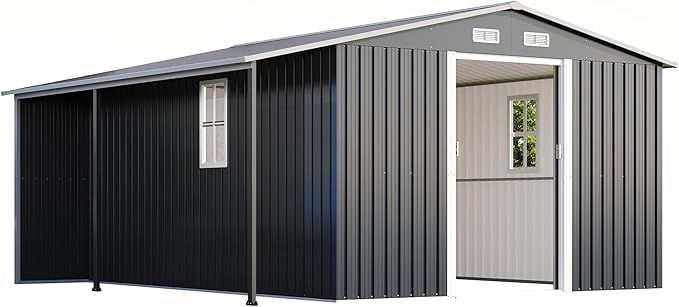 AMERLIFE 12x12x6.6 FT Galvanized Metal Storage Shed with Open Firewood Bay, Sliding Doors & Ramp, 2 Windows & Vents, Weather-Resistant Outdoor Tool/Garden Shed, Dark Grey/White