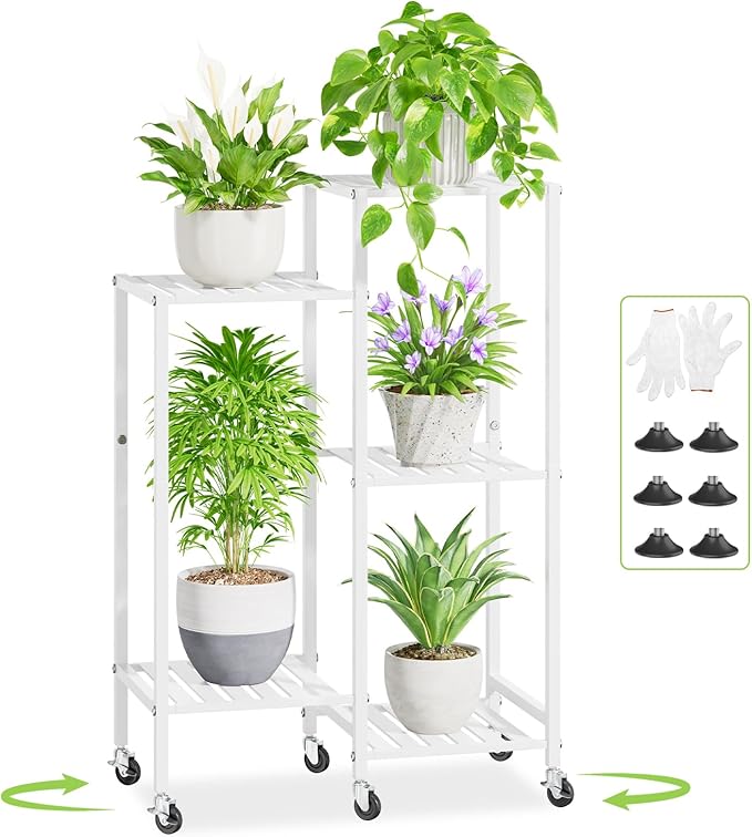 iDavosic.ly 5 Tier Plant Stand Indoor with Wheels, Metal Tiered Corner Flower Holder Shelf Outdoor for Large Pots, Tall Rolling Rack for Patio Porch Garden Balcony Living Room, White
