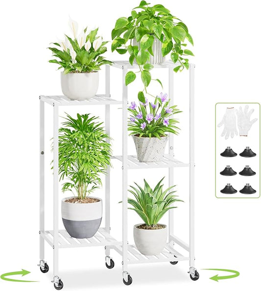 iDavosic.ly 5 Tier Plant Stand Indoor with Wheels, Metal Tiered Corner Flower Holder Shelf Outdoor for Large Pots, Tall Rolling Rack for Patio Porch Garden Balcony Living Room, White