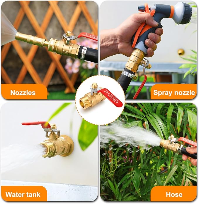 Full Flow Garden Hose Shutoff Valve, Heavy Duty Brass Shutoff Valve Hose Connector, Outdoor 3/4 Inch GHT Tube End Fitting Switch （3/4"GHT valve Long Handle）