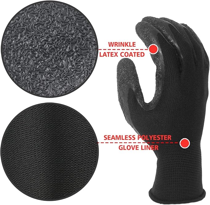 Evridwear Crinkle Latex Rubber Hand Coated Safety Work Gloves for Men Women General Multi Use Construction Warehouse Gardening Assembly Landscaping XS, 12 Pairs Pack