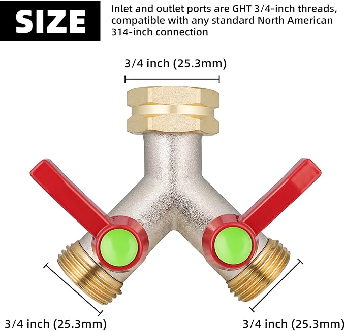 Hose Splitter 2 Way,High flow Garden Hose Splitters, Y Splitter 2 Valves, Faucet Splitter, 2 Way Heavy Duty Brass Splitter, Outdoor Faucet Diverter, Y Valve 3/4" GHT Thread.