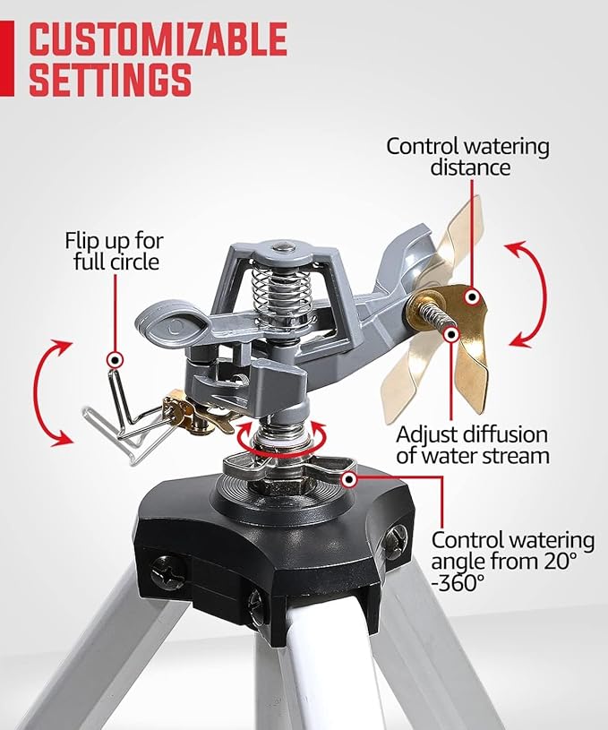 YAMATIC Impact Sprinkler on Adjustable Tripod Base, 360 Degree Large Area, Heavy Duty Adjustable Pulsator Sprinkler for Lawn, Yard and Grass Irrigation, Spray up to 20-90ft(Zinc Head)