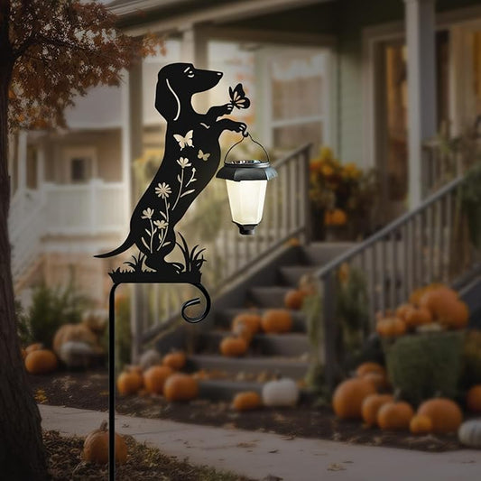 Metal Silhouette Dachshund with Solar Lanter Garden Stake,Outside Decorations for Yard,Solar Lights for Pathway,Gifts for Women
