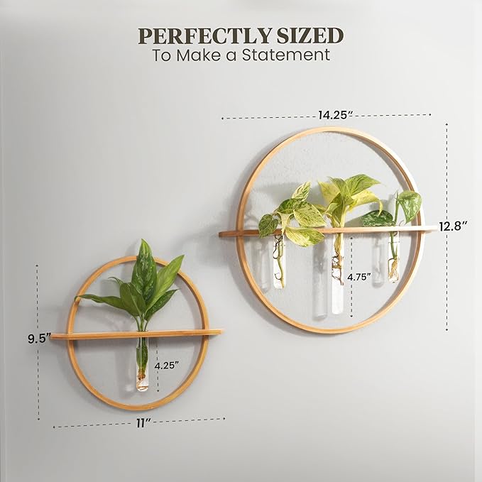 Plant Propagation Stations - Set of 3 Bamboo Wall Planters for Indoor Plants with 5 Glass Plant Propagation Tubes | Propagation Vases for Plants | Aesthetic Plant Wall Decor