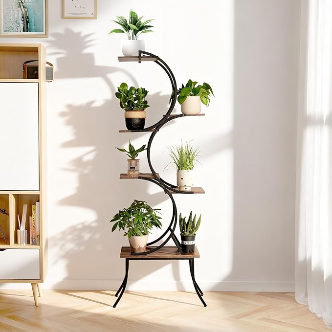 Plant Stand Indoor with Grow Lights 63 Tall Plant Shelf, Lighted Corner Plant Stands for Indoor Growing 6 Tiered Large Flower Holder C-Shaped Decorative Rack for Living Room Black (6 platforms)