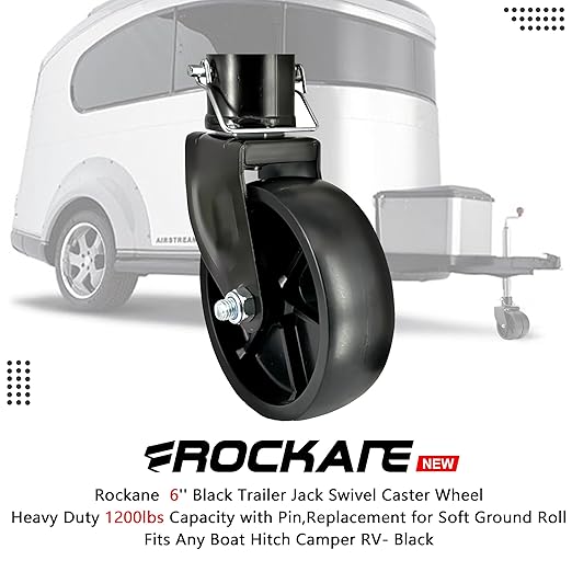 Rockane Black 6'' Black Trailer Jack Swivel Caster Wheel Replacement, Heavy Duty 1200lbs Capacity with Pin for Soft Ground Roll, Fits Any Boat Hitch Camper RV- Black