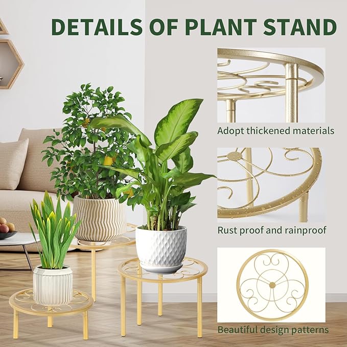 5-piece set of metal plant potted flower racks, heavy-duty flower pot plant racks of different sizes, iron flower racks, suitable for indoor and outdoor home decoration (Gold)