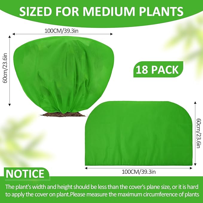18 Pcs Winter Plant Covers Freeze Protection 39.4x23.6 Inch Horizontal Shrub Tree Plant Protection Bags Frost Blanket with Drawstring for Fall Winter Outdoor Garden Planting (Green)