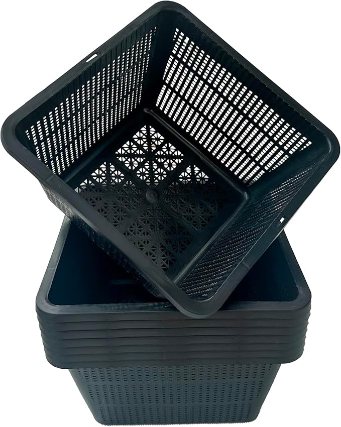HG9SQBK 9-Inch Square Aquatic Plant Baskets - 8 Pack Durable Black Plastic Mesh Pond Containers for Live Aquarium Plants, Pond Planting & Hydroponic Pots