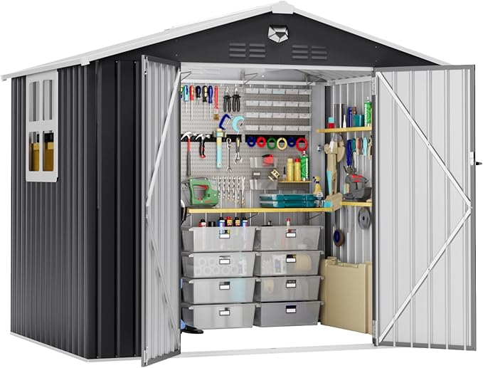 8x6 FT Outdoor Storage Shed, Metal Garden Shed - Tool Storage Sheds with Lockable Doors & 1 Clear Window, Waterproof Outside Storage Building for Backyard, Patio (Black; Floor Not Included)