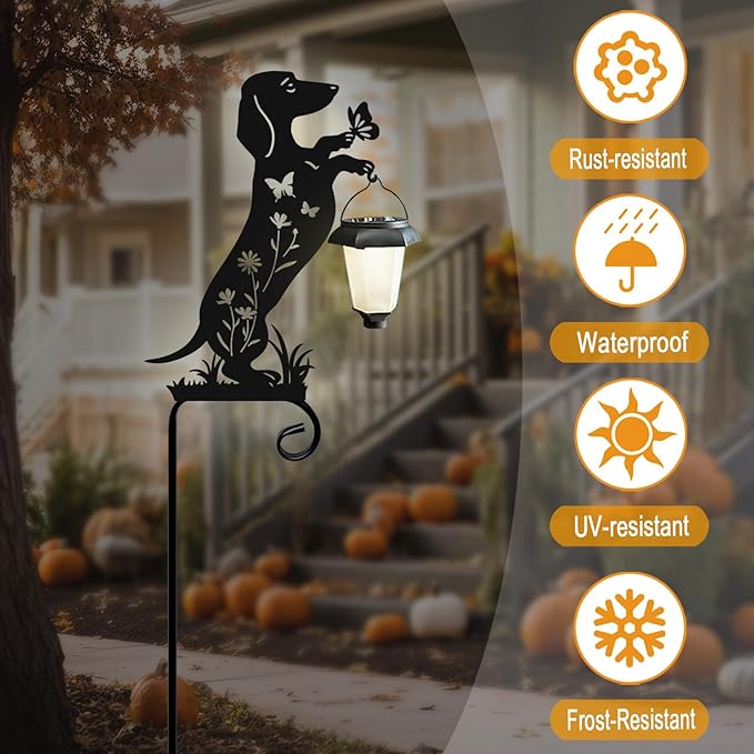 Metal Silhouette Dachshund with Solar Lanter Garden Stake,Outside Decorations for Yard,Solar Lights for Pathway,Gifts for Women